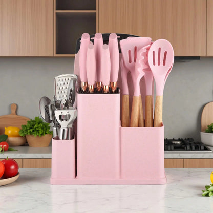 14-Piece Pink Silicone Kitchen Utensils Set with Wooden Handle, Cutting Board and Holder Rack