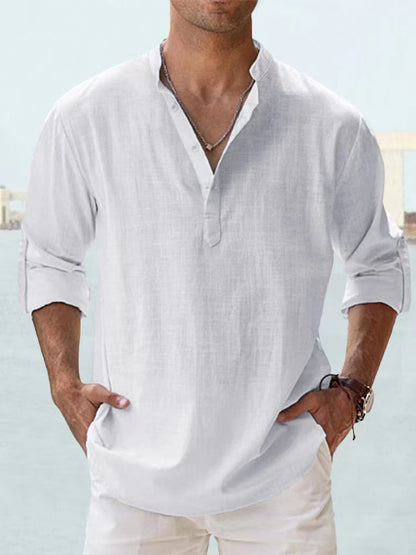 Men's Cotton Linen Long Sleeve Henley Beach Shirt — Lightweight Hawaiian T-Shirt