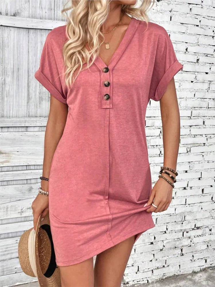 Women's V-Neck Button Down Mini Dress — Casual Summer Beach Party Dress