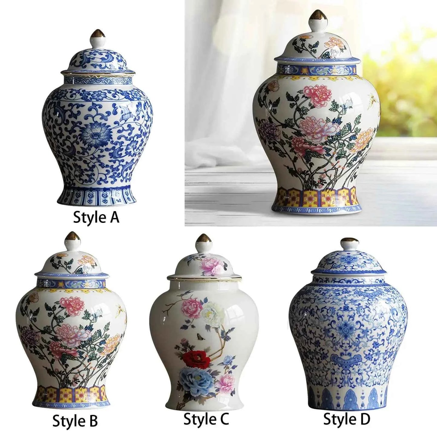 1x Blue and White Ceramic Tea Canister Porcelain Decorative Porcelain Jar Dried Flower Vase Glazed Hand Painted Desk Home Accent