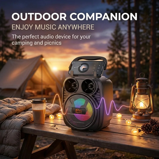 Portable Bluetooth Speaker – RGB LED, Heavy Bass, Phone Holder, FM Radio, TF Card & USB