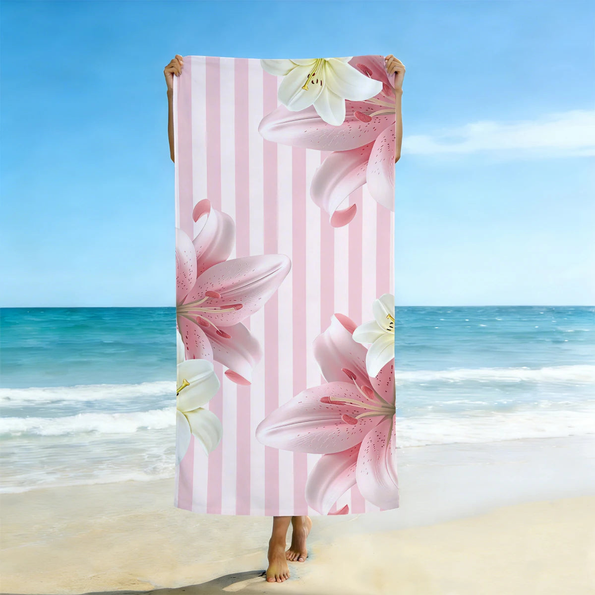 1pc pink striped beach towel, large floral printed beach towel, ultra-fine
