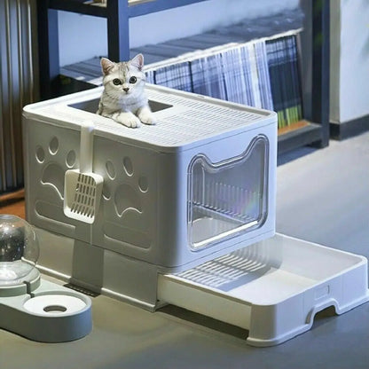 Front Entry Top Exit Cat Litter Box — Foldable Hooded Kitty Toilet with Scoop & Drawer, Extra Large