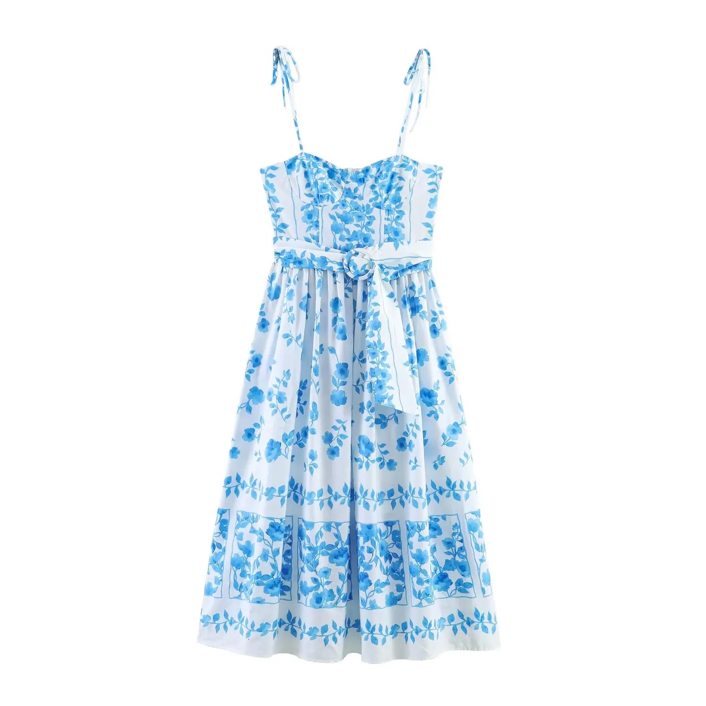Women Blue Print Cami Dress 2026 Summer Sexy Sashes Bow Midi Dress Beach Holiday Long Fashion Female Vestidos
