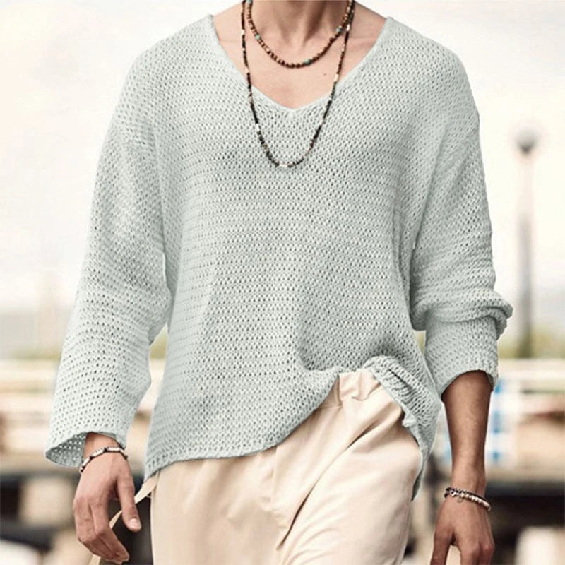 Men's Luxury Knit V-Neck Long Sleeve T-Shirt — Solid Color Hollow Out Loose Streetwear Tee