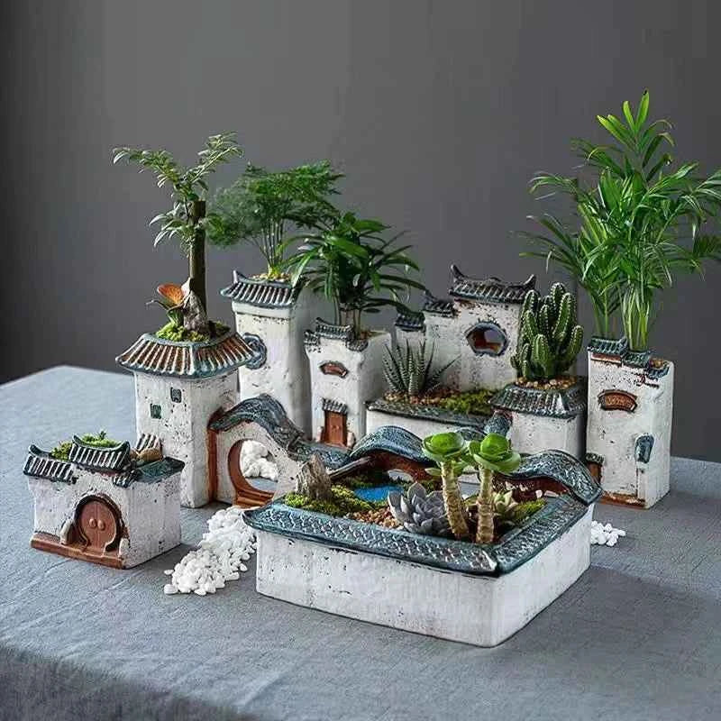Courtyard Modelling Ceramic Flower Pots Huizhou Architectural Bamboos Pot Planting Pots Fish Tank Aquascape Ornament Decorations