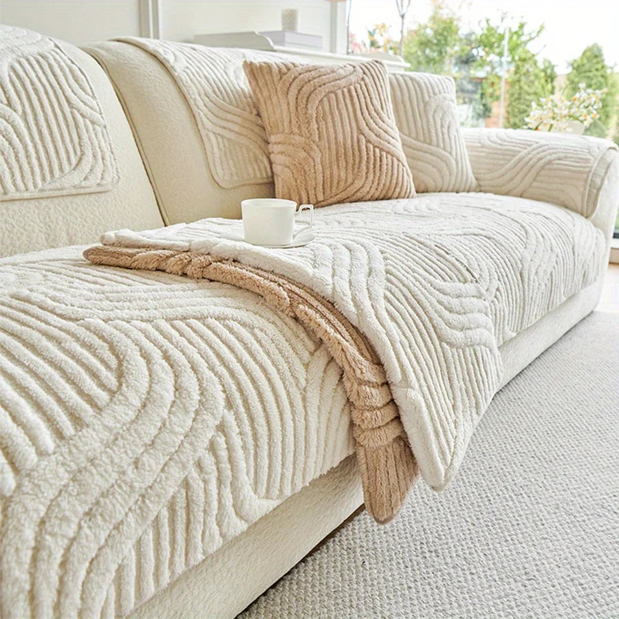Cream Striped Velvet Sofa Cover, Non-Slip