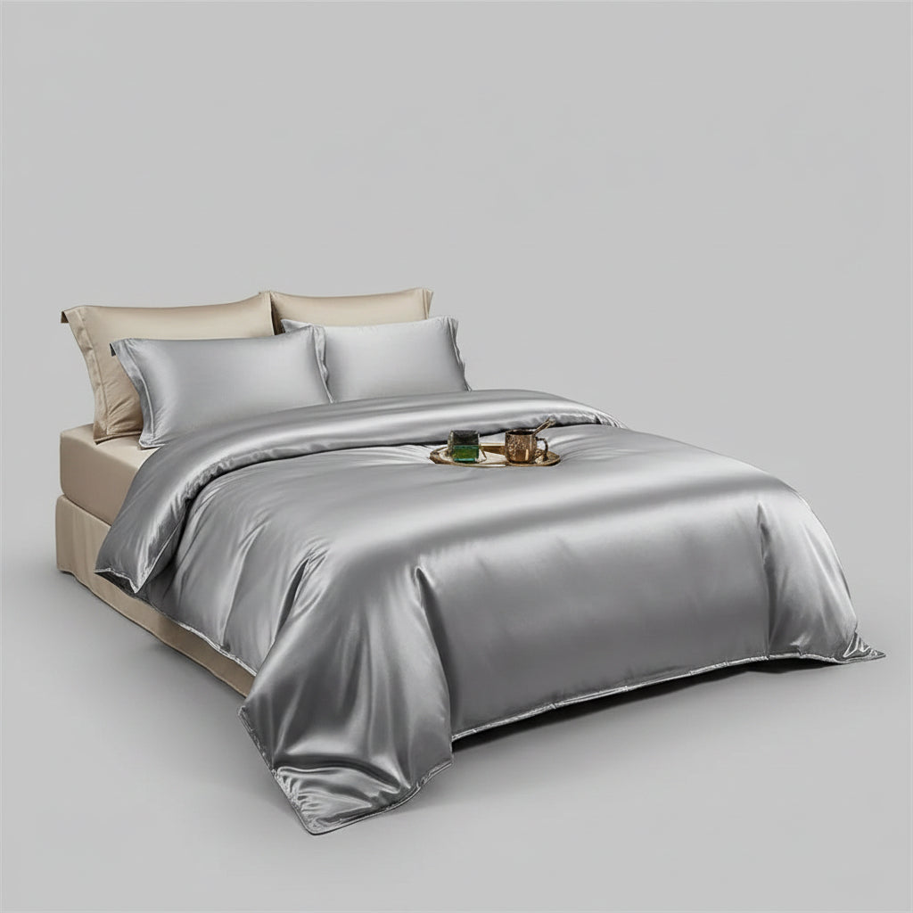 Luxury Solid Silk Satin Bedding Set – Duvet Cover, Bed Sheet & Pillowcases | Twin to King & Family Suite