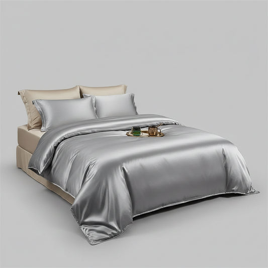 Luxury Solid Silk Satin Bedding Set – Duvet Cover, Bed Sheet & Pillowcases | Twin to King & Family Suite