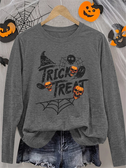 Women's Halloween Long Sleeve T-Shirt with Black Spider Web, Orange Pumpkin Skull & Witch Hat Print, Cute Creepy Funny Tee, Soft Casual Sporty Vacation Top, Trick or Treat Gift