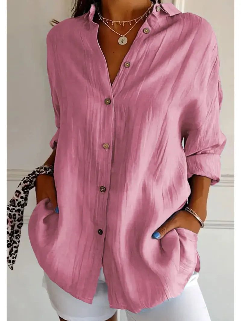 Women's Lapel Long Sleeve Solid Shirt — Casual Single Breasted Blouse Top