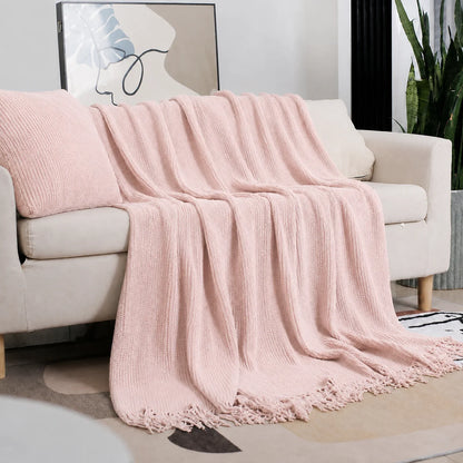 Beige Openwork Textured Knit Throw Blanket with Tassel Fringe, Soft Knitted Decorative Blanket, Lightweight Cozy Cover for Couch Sofa Bed, Boho Farmhouse Home Decor for Living Room Bedroom