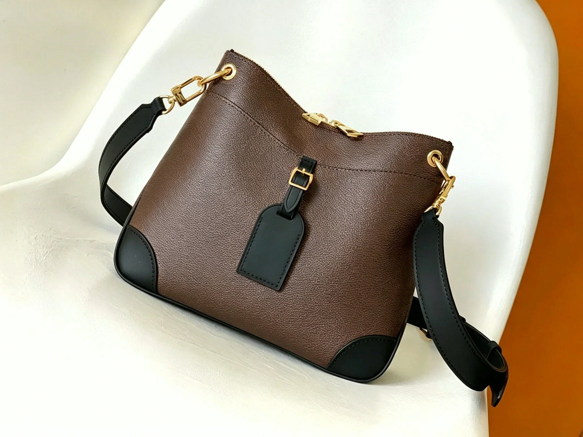Two-Tone Grained Faux Leather Hobo Bucket Bag