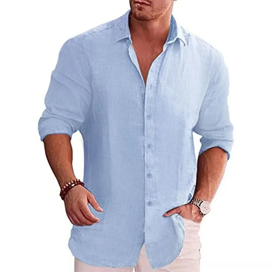 Chemise décontractée à manches longues en coton et lin pour homme — Haut en lin respirant grande taille