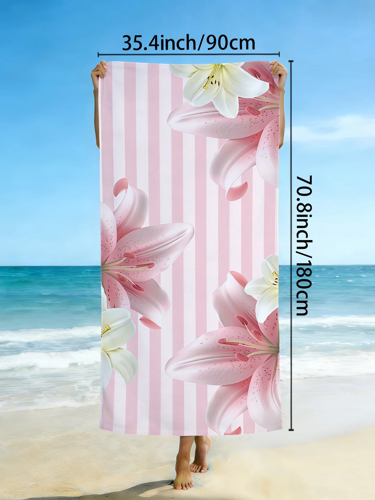 1pc pink striped beach towel, large floral printed beach towel, ultra-fine