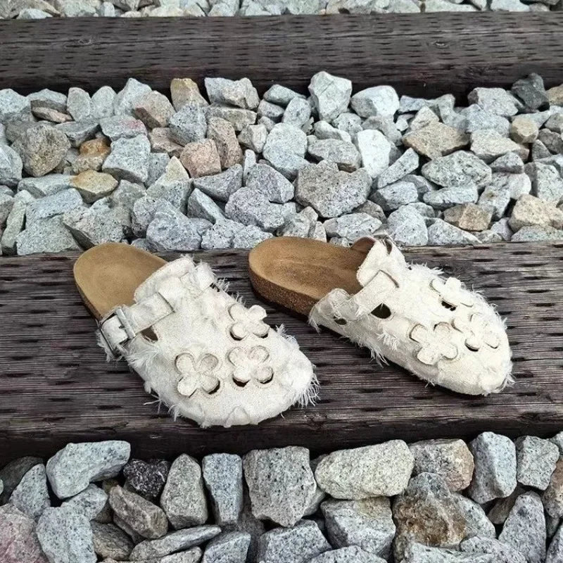 Women's Shoes 2025 New Summer Hollow Out Flower Slippers Retro Closed Toe Cork Platform Casual Clogs Shoes Women's Slippers