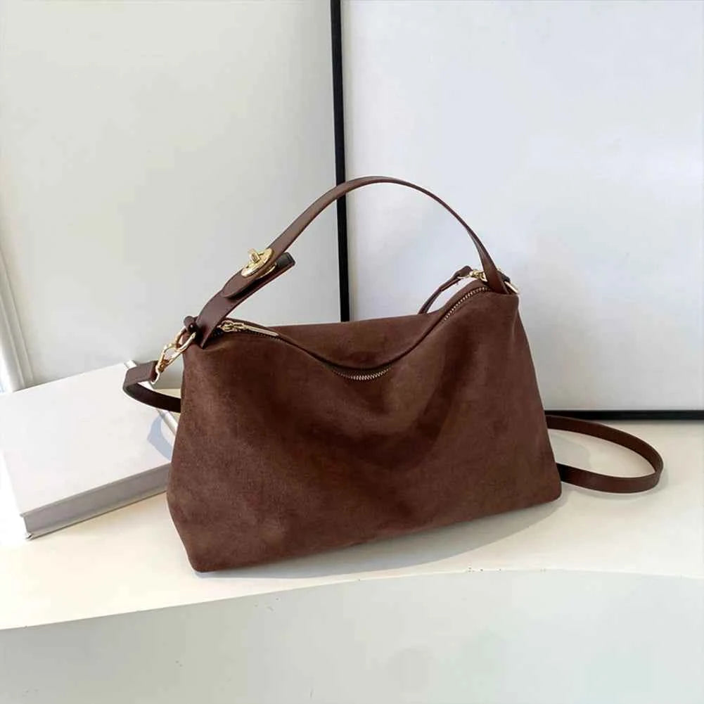 Fashion Autumn Winter Big Boston Tote Soft Matte Suede Cow Leather Women's Handbag Shoulder Crossbody Bag For Women Grey Brown