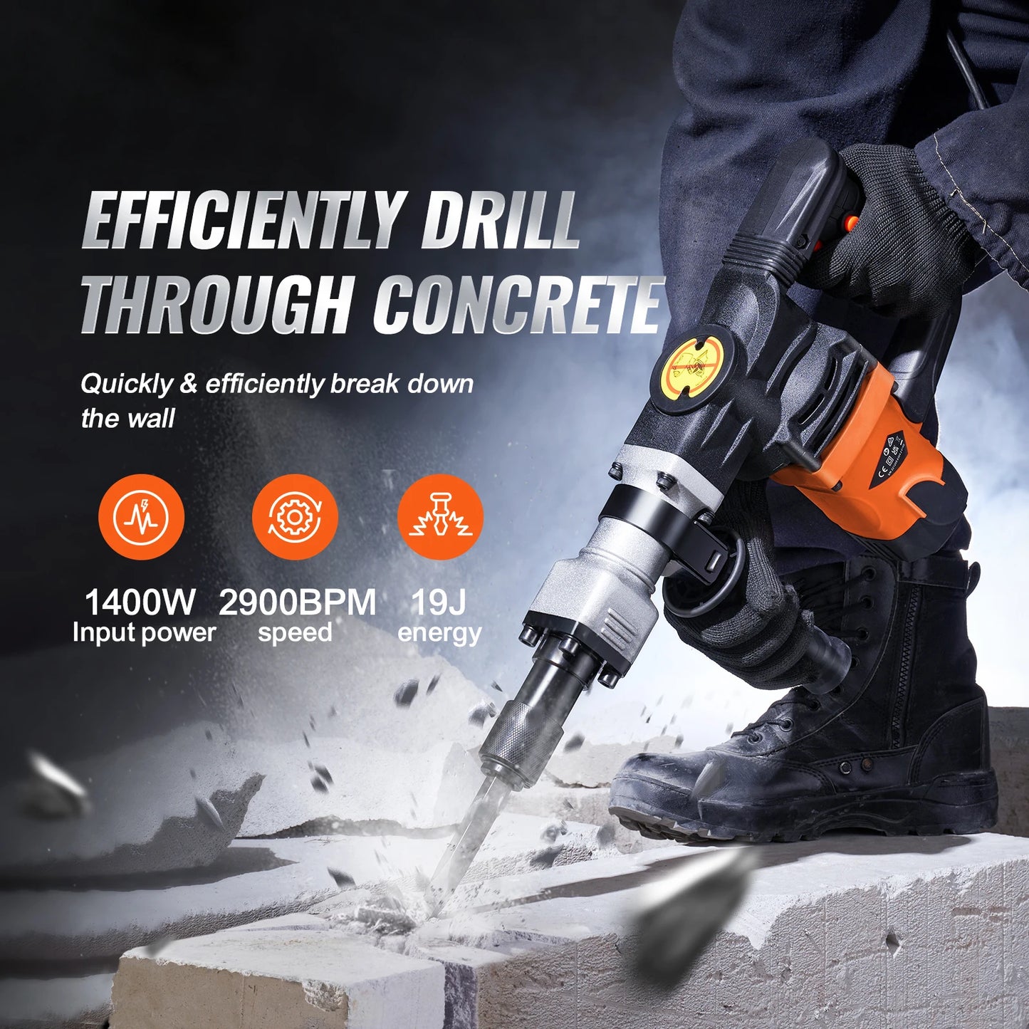 Jack Hammer Electric Jackhammer Heavy Duty 2900 BPM Concrete Breaker 2pcs Chisels Bits Chipping