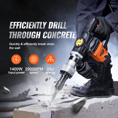 Jack Hammer Electric Jackhammer Heavy Duty 2900 BPM Concrete Breaker 2pcs Chisels Bits Chipping