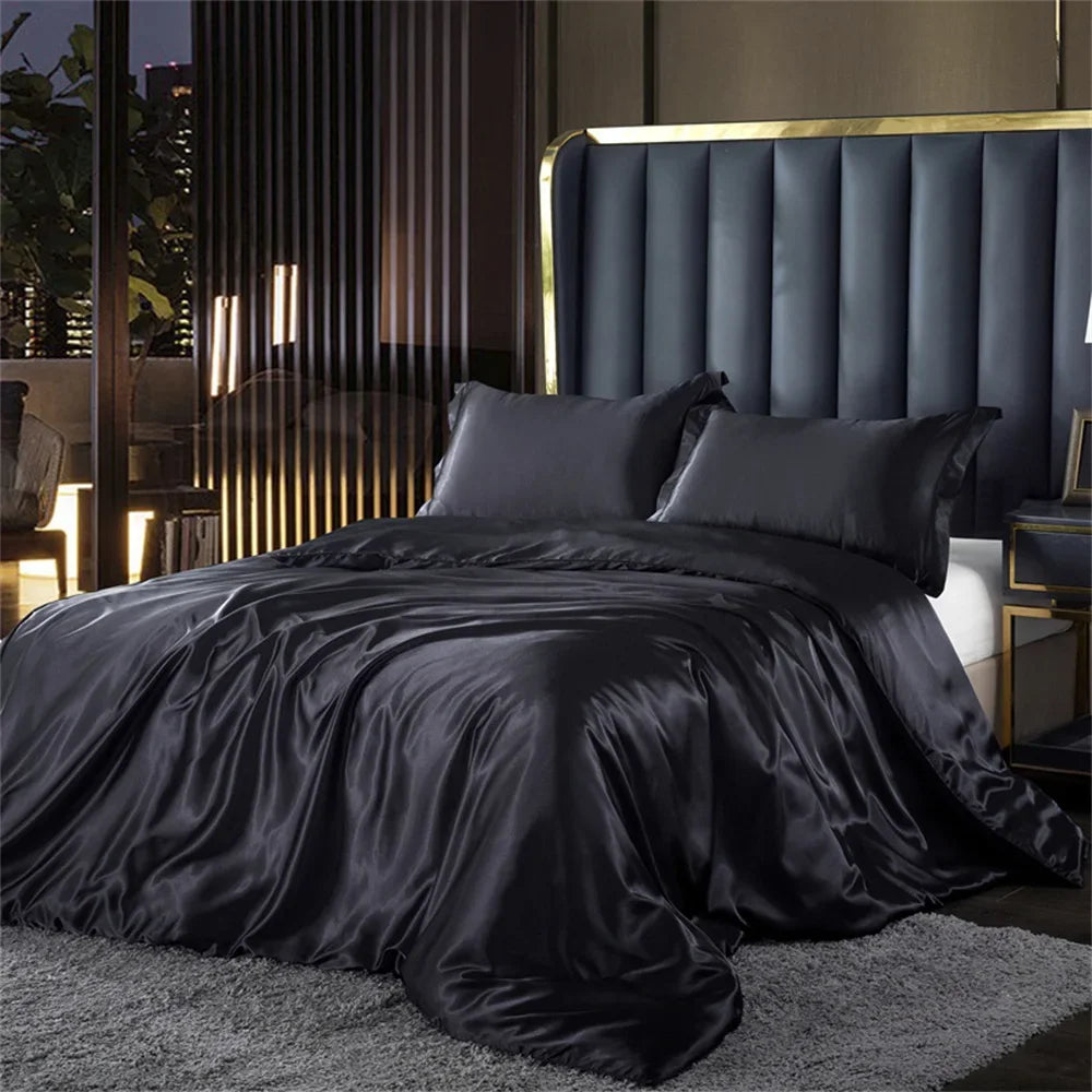 Luxury Solid Silk Satin Bedding Set – Duvet Cover, Bed Sheet & Pillowcases | Twin to King & Family Suite