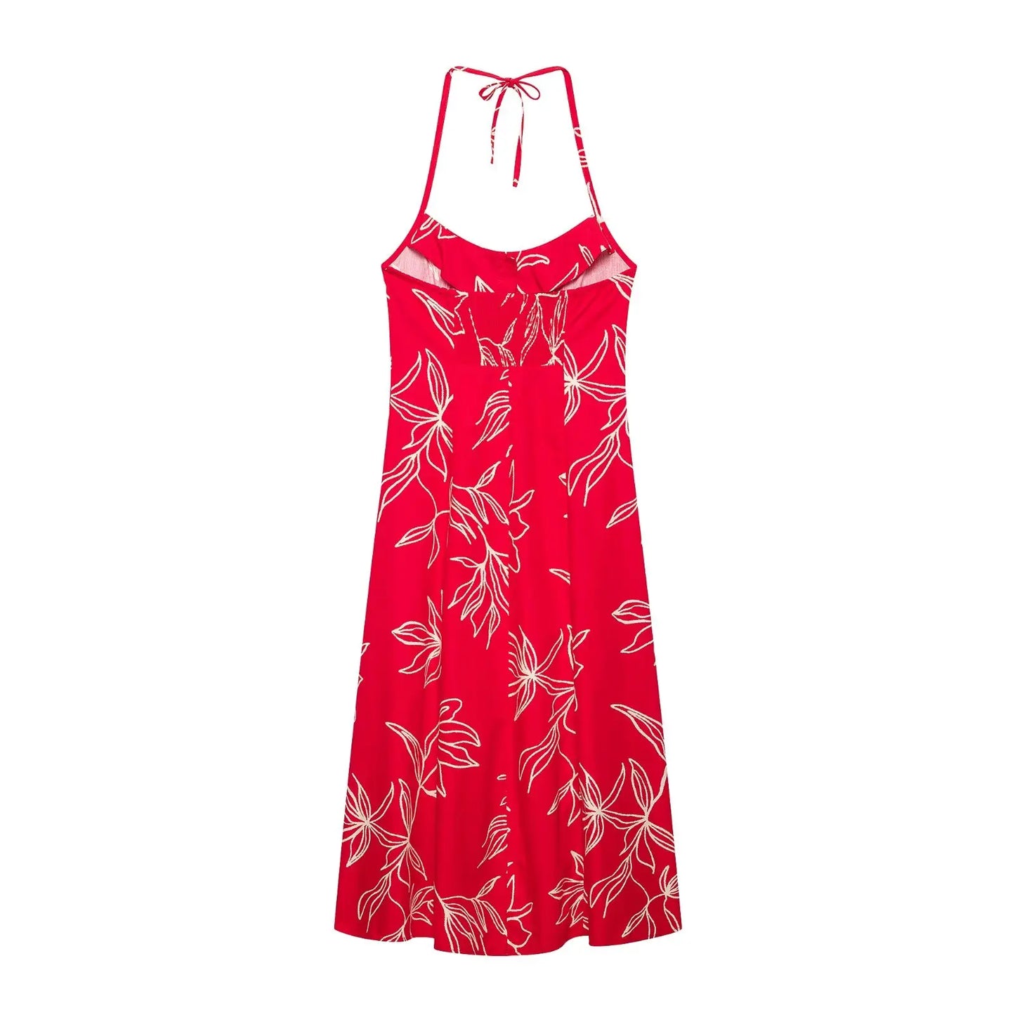 Women's Red Floral Print Halter Neck Maxi Dress – Sleeveless A-Line Cotton Casual Summer Dress