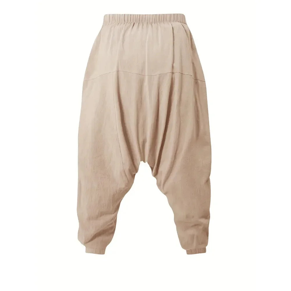 Men's Cotton Linen Harem Joggers — Drop Crotch Loose Fit Breathable Streetwear Pants