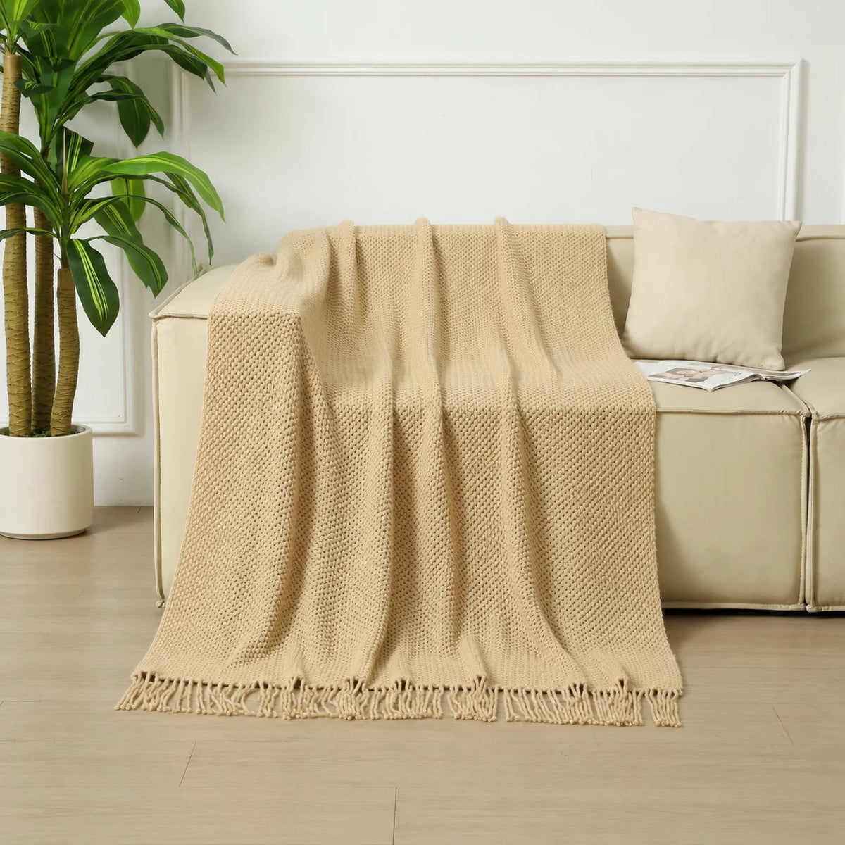 Dark Green Geometric Bobble Textured Knit Throw Blanket with Tassel Fringe, Soft Knitted Decorative Blanket, Lightweight Cozy Cover for Couch Sofa Bed, Boho Farmhouse Home Decor for Living Room Bedroom