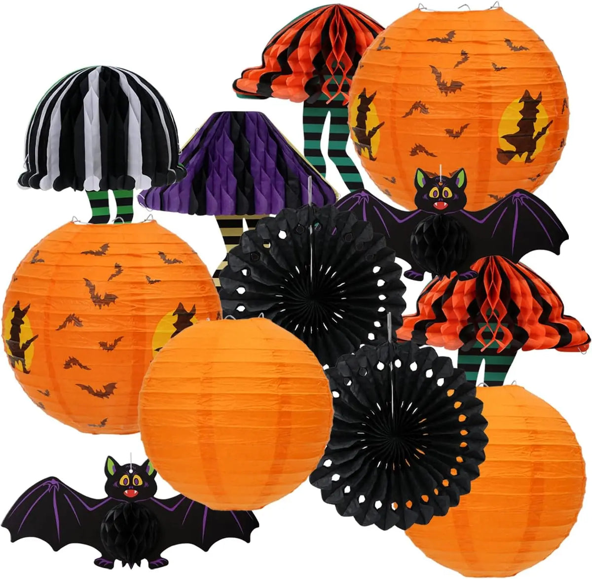 12 Pack Halloween Paper Lantern Pumpkin Set, Black Orange