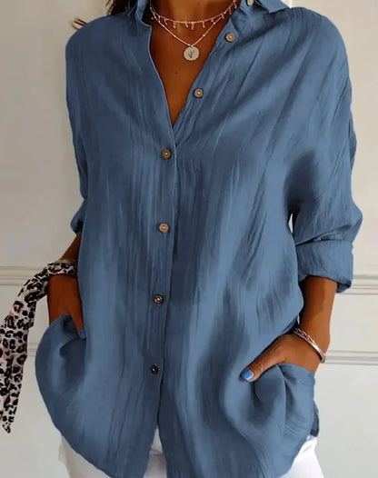 Women's Lapel Long Sleeve Solid Shirt — Casual Single Breasted Blouse Top