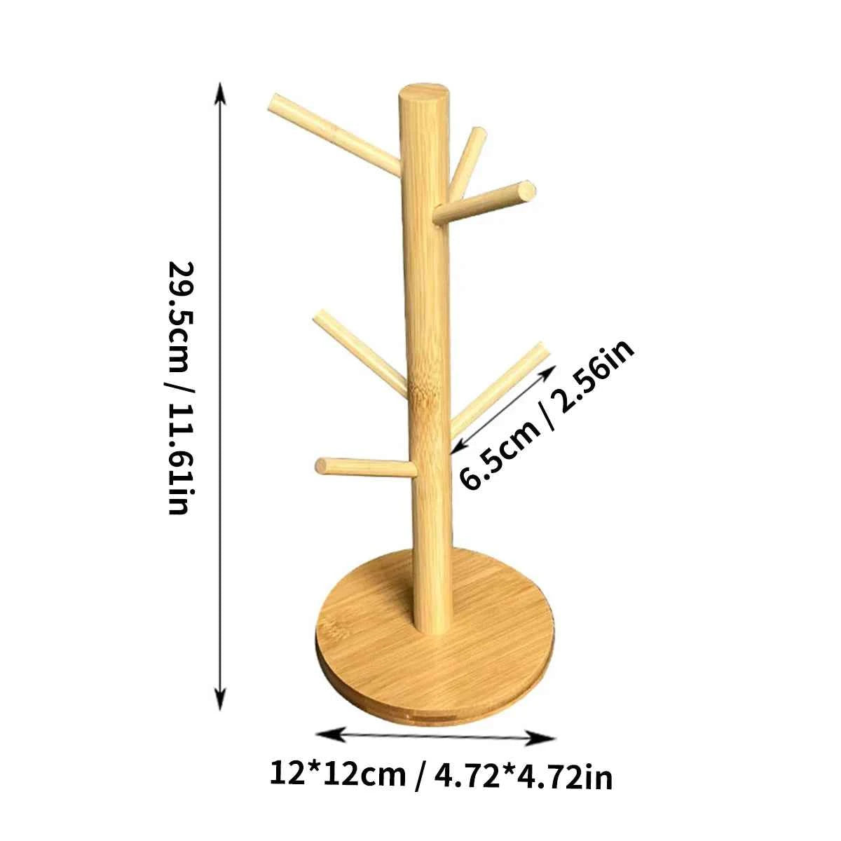 Mug Tree Holder - Bamboo Coffee Cup Rack with 3/6 Hooks, Non-Slip Kitchen Organizer for Counter, Perfect for Home & Cafe Decor