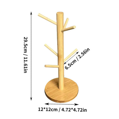 Mug Tree Holder - Bamboo Coffee Cup Rack with 3/6 Hooks, Non-Slip Kitchen Organizer for Counter, Perfect for Home & Cafe Decor