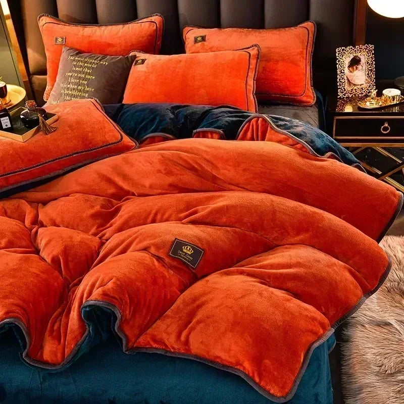 High-end Milk Velvet Autumn Winter Warm Duvet Cover Set with Bed Sheet Quilt Cover and Pillowcases Warmth Cozy Bedding Set Queen