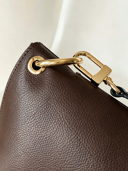 Brown Pebbled Leather Mini Bucket Bag, Black Trim
