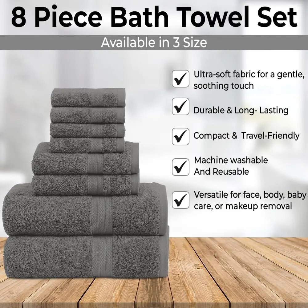 8-Piece Towel Set: 2 Bath, 2 Hand, 4 Washcloths, 100% Cotton, Lightweight