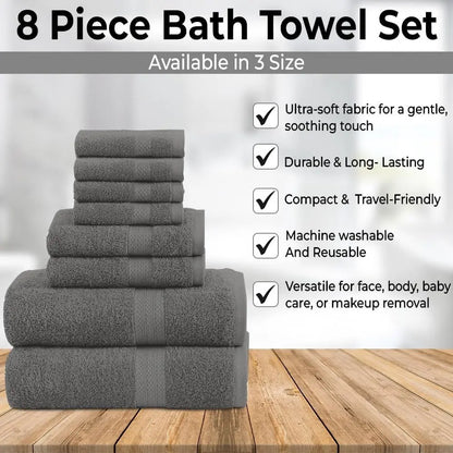 8-Piece Towel Set: 2 Bath, 2 Hand, 4 Washcloths, 100% Cotton, Lightweight