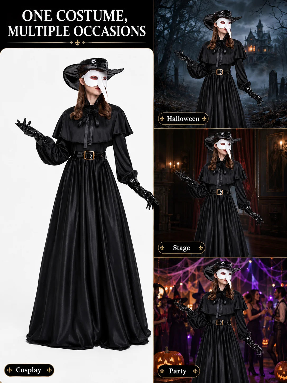 Women Plague Doctor Costume Set Medieval Gothic Long Dress with Cape Belt Hat Gloves Bird Beak Mask Steampunk Halloween Cosplay Outfit for Carnival Party
