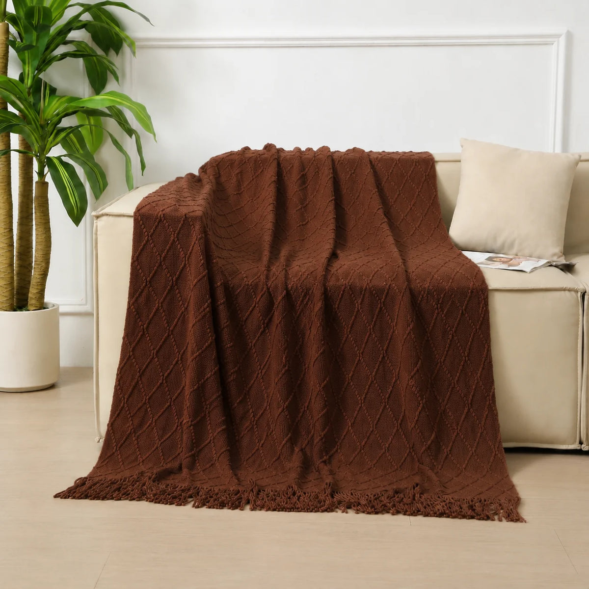 Dark Green Geometric Bobble Textured Knit Throw Blanket with Tassel Fringe, Soft Knitted Decorative Blanket, Lightweight Cozy Cover for Couch Sofa Bed, Boho Farmhouse Home Decor for Living Room Bedroom