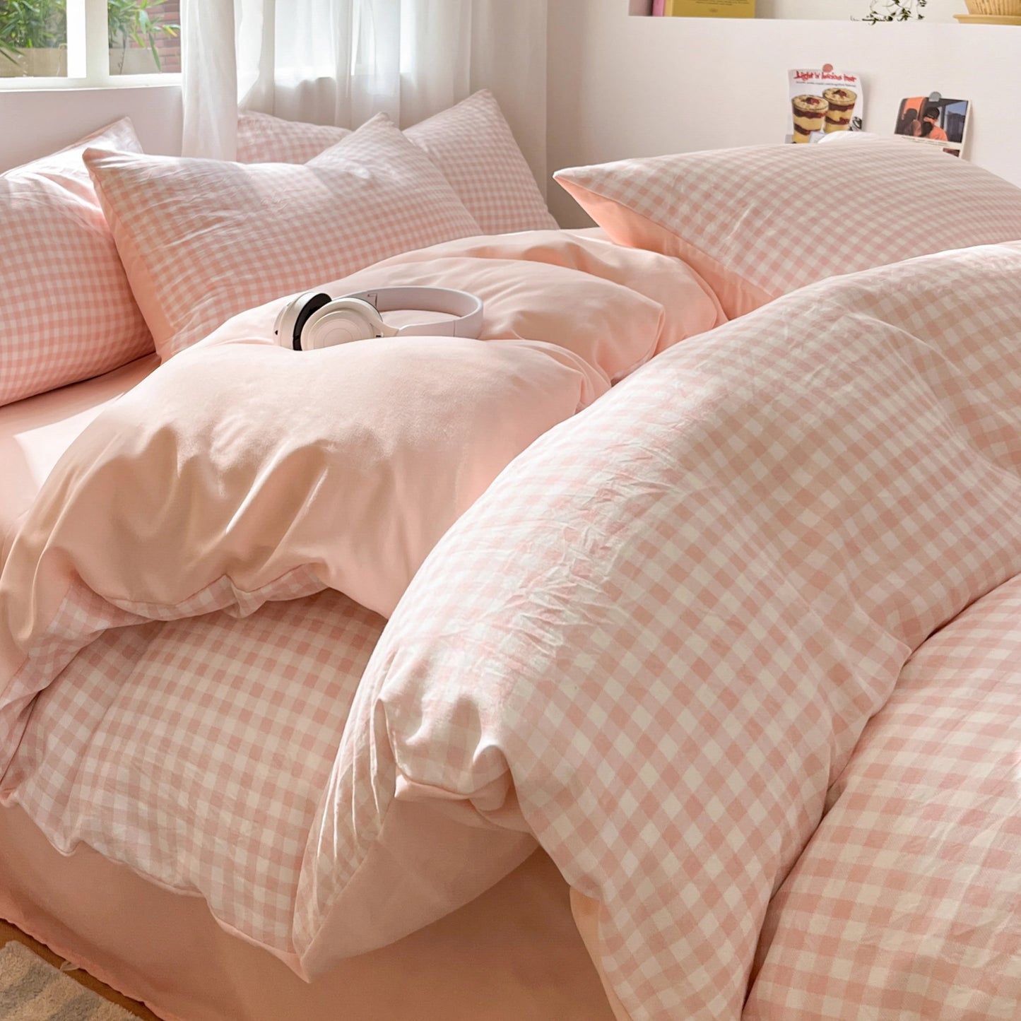 3/4 Pcs Blue Checkered Bedding Set Simple Style Soft Skin Friendly Duvet Cover Flat Sheet and Pillowcases Single Double Bed Sets