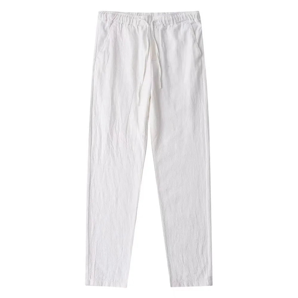 Men's Cotton Linen Pants — Breathable Solid Color Streetwear Trousers with Back Pocket