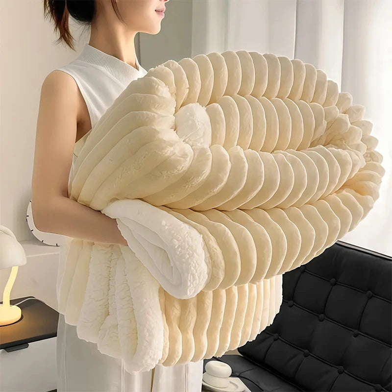 1pc Weighted Sherpa Fleece Blanket -Soft, Warm Faux Rabbit Fur Softness, Beige & White Striped Contemporary Bedspread for Bed