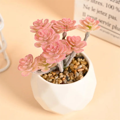 Pink Flocking Artificial Succulents Plants With Pot For Home Garden Decoration Fake Bonsai Flower Planta Artificial Accessories