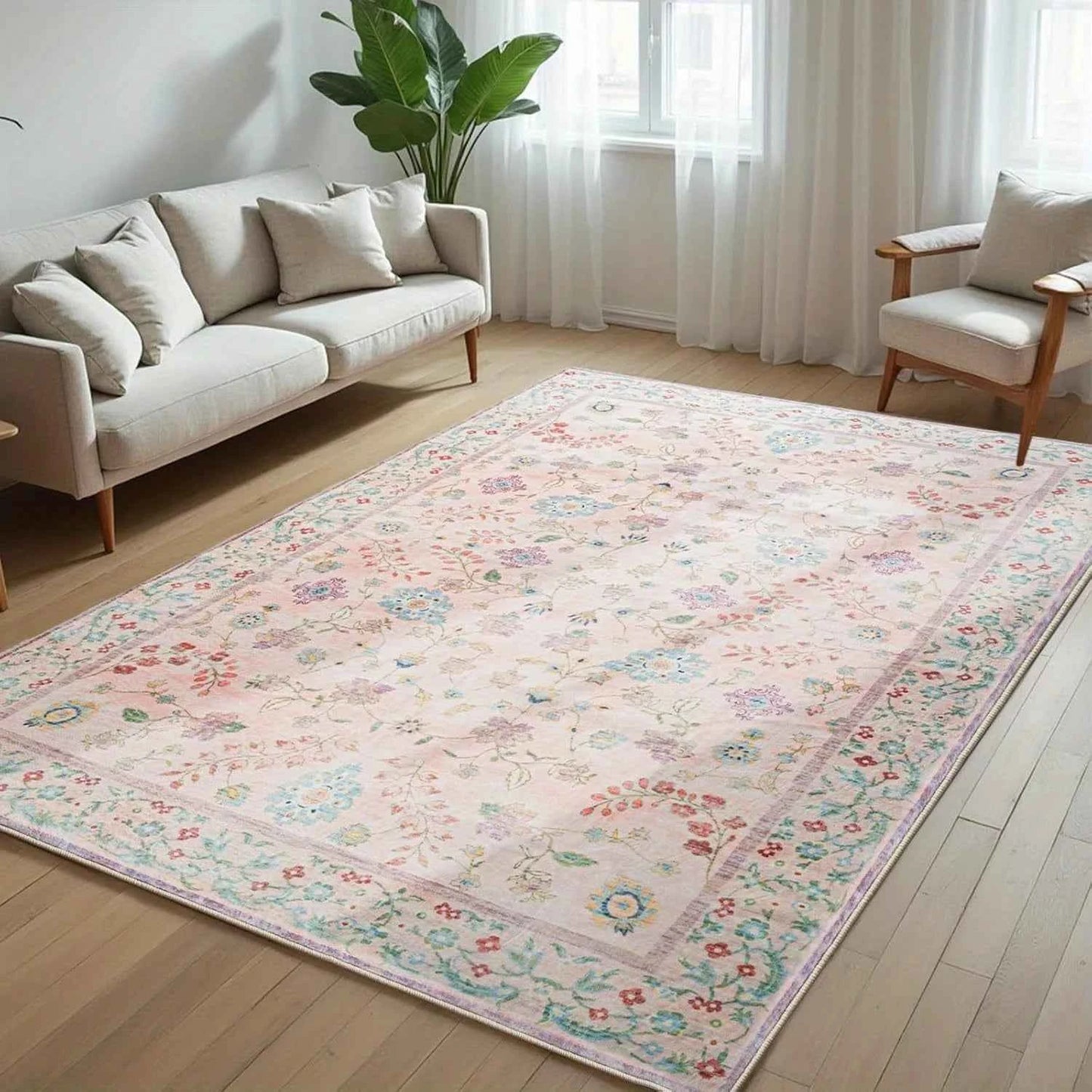 Living Room Carpet Non-slip Soft Machine Washable Floor Mat Bohemian Pink Floral Rug Bedroom Home Decoration Mats Washable Rugs