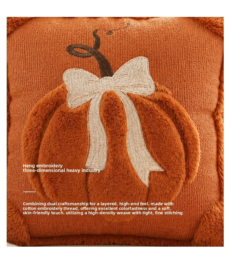 3D Plush Pumpkin Throw Pillow with Bow, Fall Decor