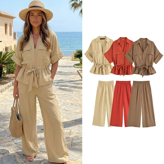 Ensemble 2 pièces Willshela pour Femme — Chemise Zippée & Pantalon Taille Haute Élastique