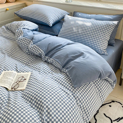 3/4 Pcs Blue Checkered Bedding Set Simple Style Soft Skin Friendly Duvet Cover Flat Sheet and Pillowcases Single Double Bed Sets