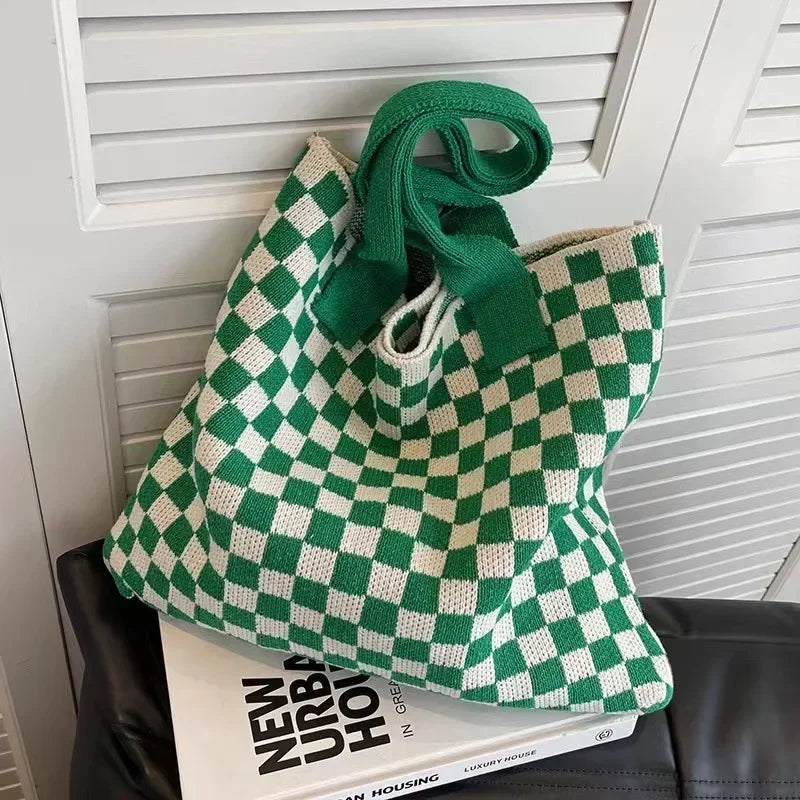 Plaid Wool Knitted Tote Bag, Color-Matched Design