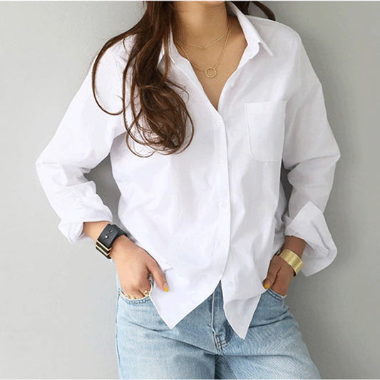 Chemisier en coton blanc pour femme — Haut tendance à manches longues style OL