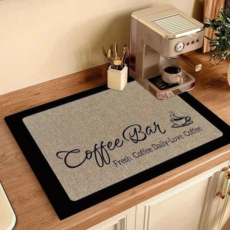 Creative Coffee Print Kitchen Drying Mat Soft Rubber Non-Slip Absorbent Stain-Resistant Mats for Coffee Bar Countertops Dish Mat