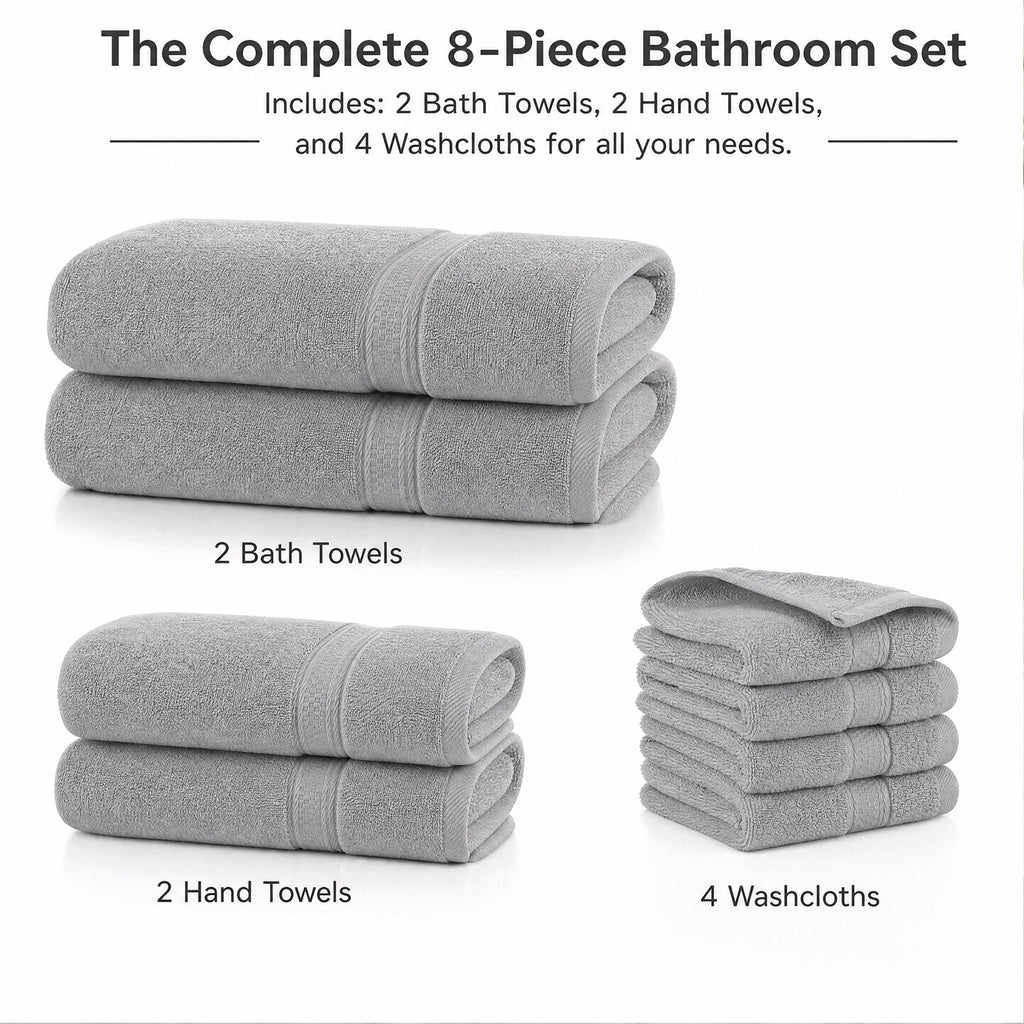 Towels 8 Piece Majestic Plush Luxury Towel Set, Cotton, Grey | Majestic - Bath Towel Set