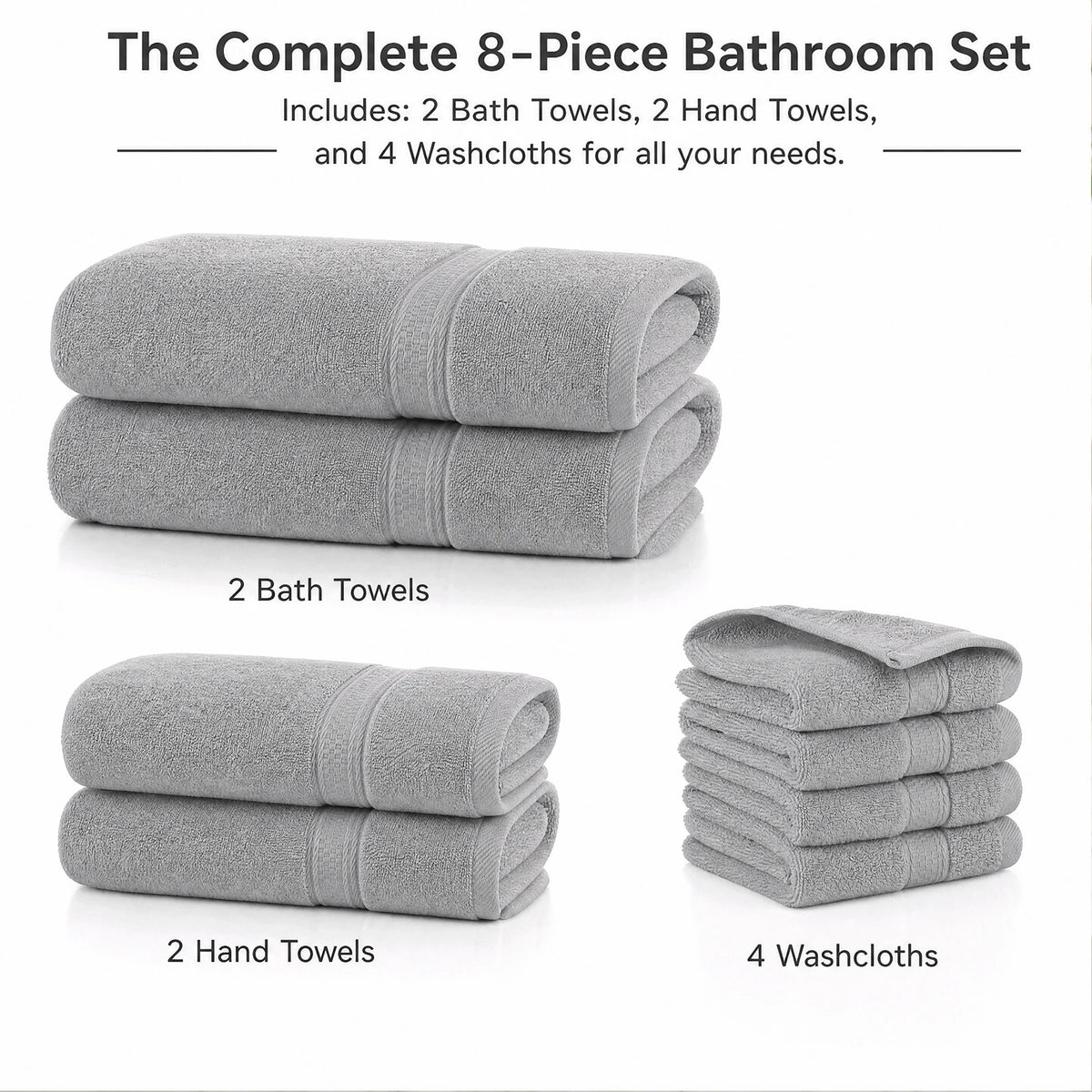 Towels 8 Piece Majestic Plush Luxury Towel Set, Cotton, Grey | Majestic - Bath Towel Set